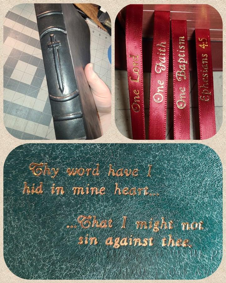 Scripture imprinted in gold on a custom leather Bible, with tooled spine and personalized ribbons
